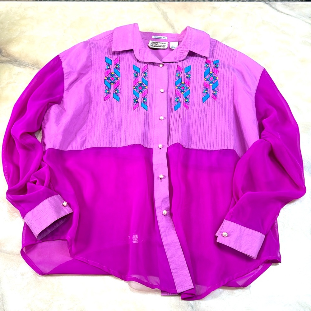 Sheer Two-Tone Magenta Button-Front Blouse with Embroidered Accents
